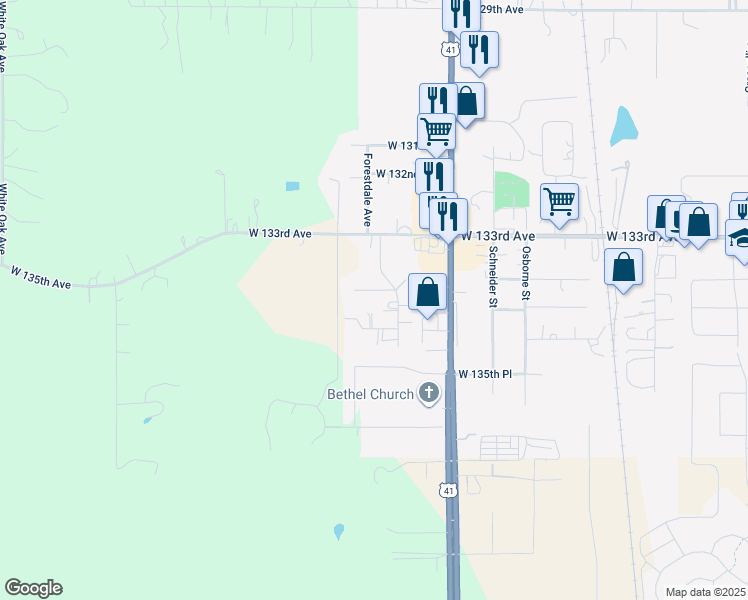 map of restaurants, bars, coffee shops, grocery stores, and more near 11510 West 133rd Lane in Cedar Lake