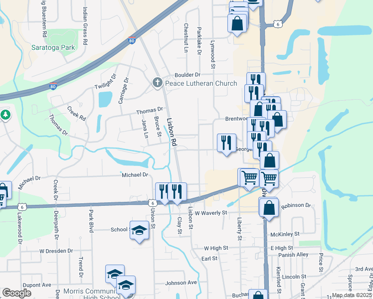 map of restaurants, bars, coffee shops, grocery stores, and more near 1709 Parklake Drive in Morris