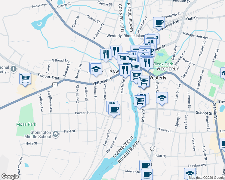 map of restaurants, bars, coffee shops, grocery stores, and more near 21 Chase Street in Stonington