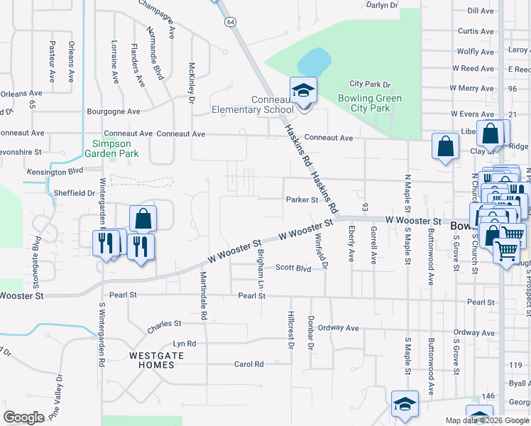 map of restaurants, bars, coffee shops, grocery stores, and more near 905 Parker Street in Bowling Green