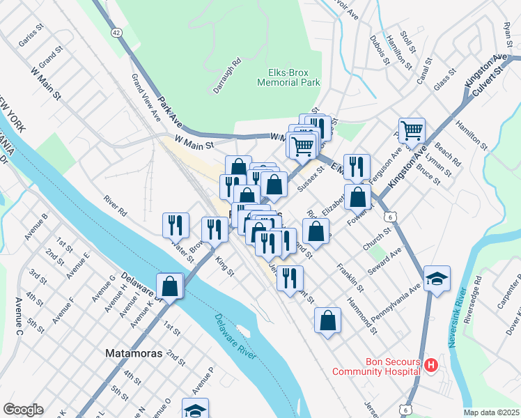 map of restaurants, bars, coffee shops, grocery stores, and more near 107 Pike Street in Port Jervis
