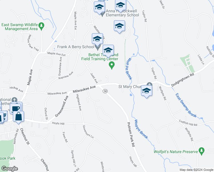 map of restaurants, bars, coffee shops, grocery stores, and more near 2 Judd Avenue in Bethel