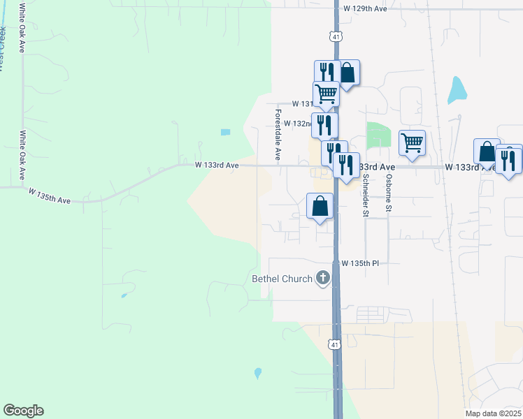 map of restaurants, bars, coffee shops, grocery stores, and more near 11510 West 133rd Lane in Cedar Lake