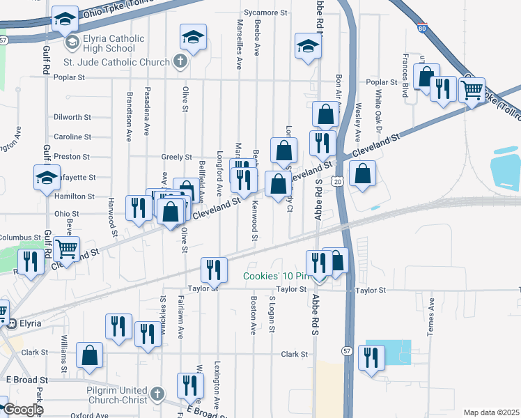 map of restaurants, bars, coffee shops, grocery stores, and more near 118 Kenwood Street in Elyria