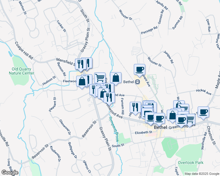 map of restaurants, bars, coffee shops, grocery stores, and more near 15 Elgin Avenue in Bethel