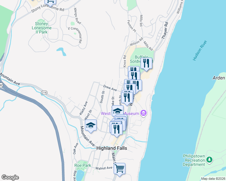 map of restaurants, bars, coffee shops, grocery stores, and more near 37 Drew Avenue in Highland Falls