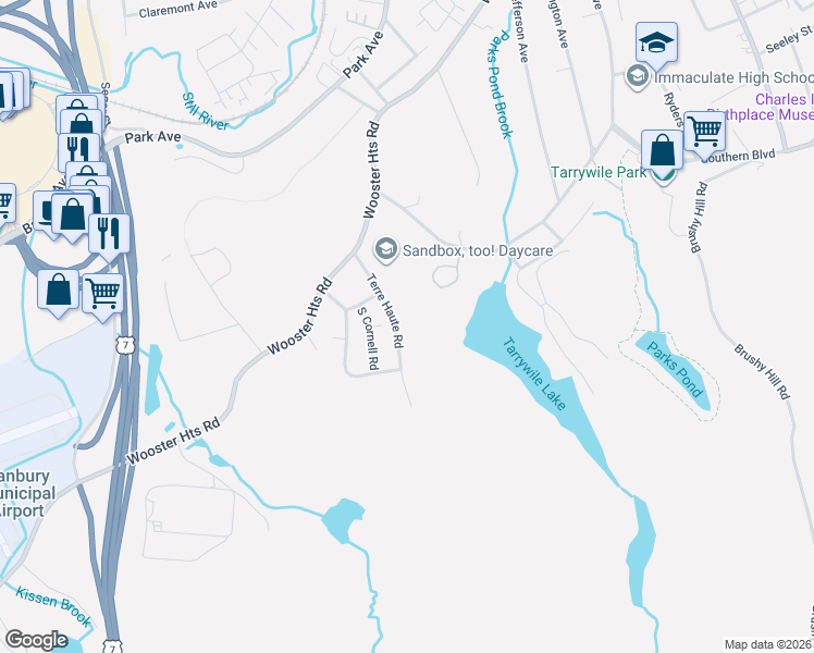 map of restaurants, bars, coffee shops, grocery stores, and more near 12 Terre Haute Road in Danbury
