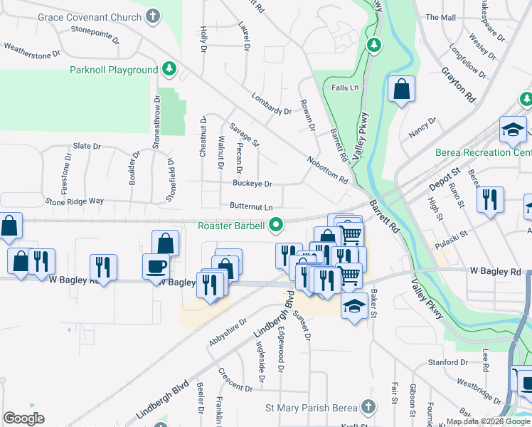 map of restaurants, bars, coffee shops, grocery stores, and more near 295 Butternut Lane in Berea