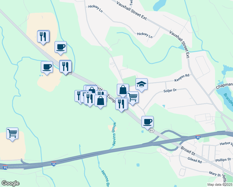 map of restaurants, bars, coffee shops, grocery stores, and more near 40 Dayton Road in Waterford