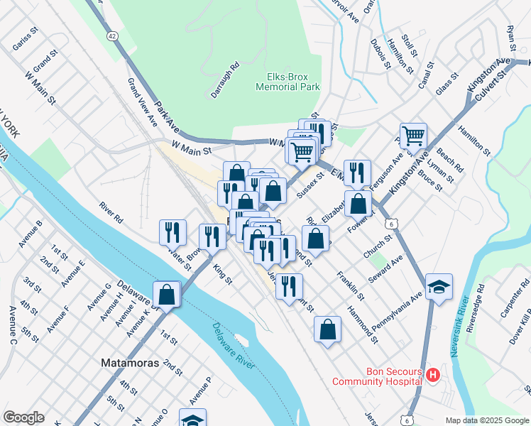 map of restaurants, bars, coffee shops, grocery stores, and more near 107 Pike Street in Port Jervis