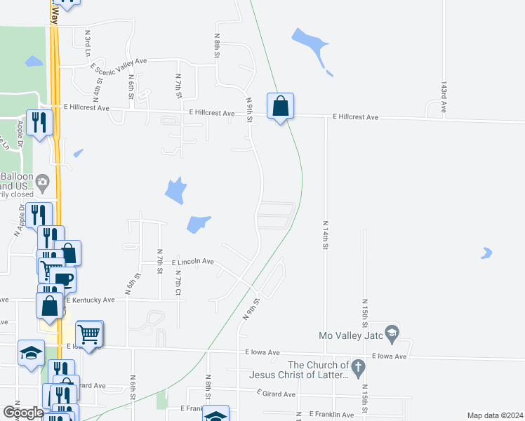 map of restaurants, bars, coffee shops, grocery stores, and more near 1500 North 9th Street in Indianola