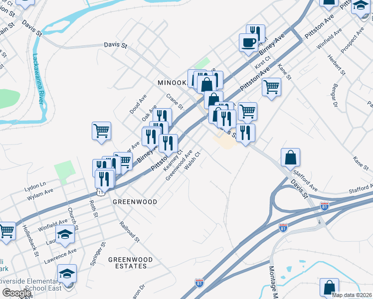 map of restaurants, bars, coffee shops, grocery stores, and more near 606 Warner Street in Scranton