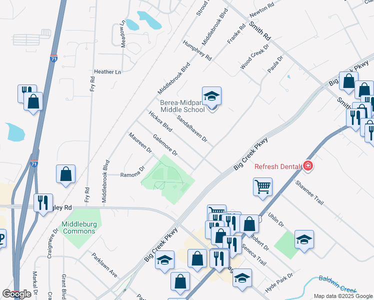 map of restaurants, bars, coffee shops, grocery stores, and more near 15438 Hickox Boulevard in Middleburg Heights