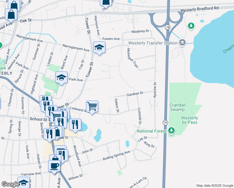 map of restaurants, bars, coffee shops, grocery stores, and more near 25 Gardner Drive in Westerly