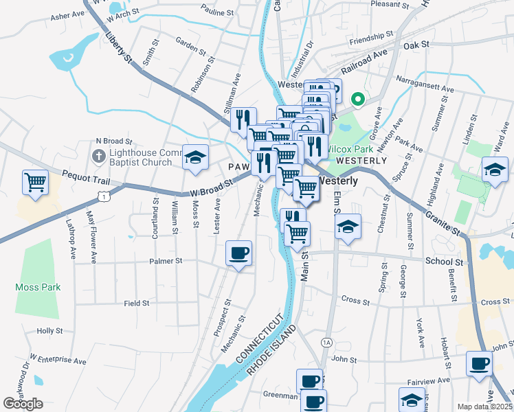 map of restaurants, bars, coffee shops, grocery stores, and more near 26 Mechanic Street in Stonington