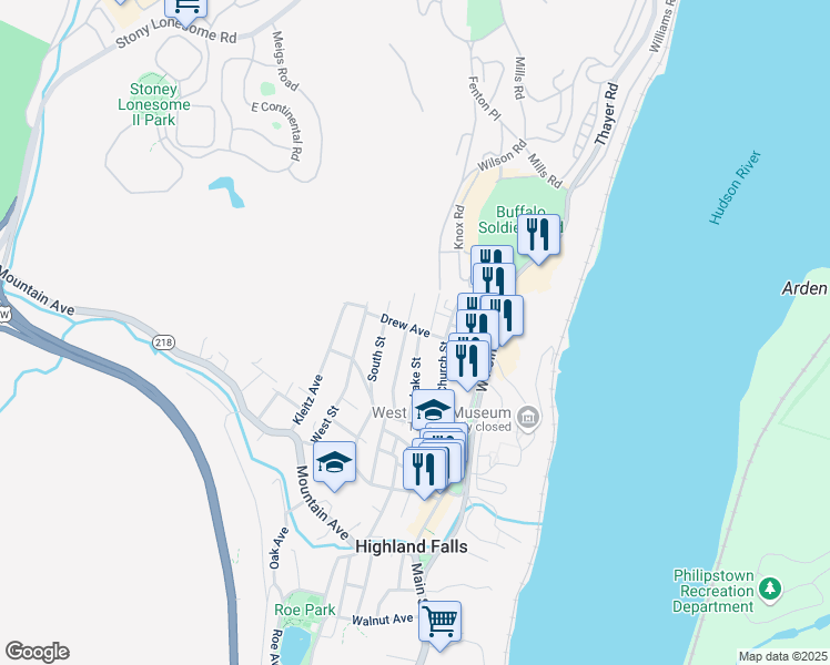 map of restaurants, bars, coffee shops, grocery stores, and more near 43 Fort Putnam Street in Highland Falls