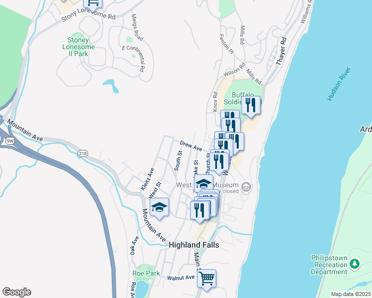map of restaurants, bars, coffee shops, grocery stores, and more near 43 Fort Putnam Street in Highland Falls