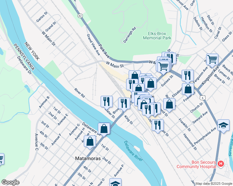 map of restaurants, bars, coffee shops, grocery stores, and more near 60 Pike Street in Port Jervis