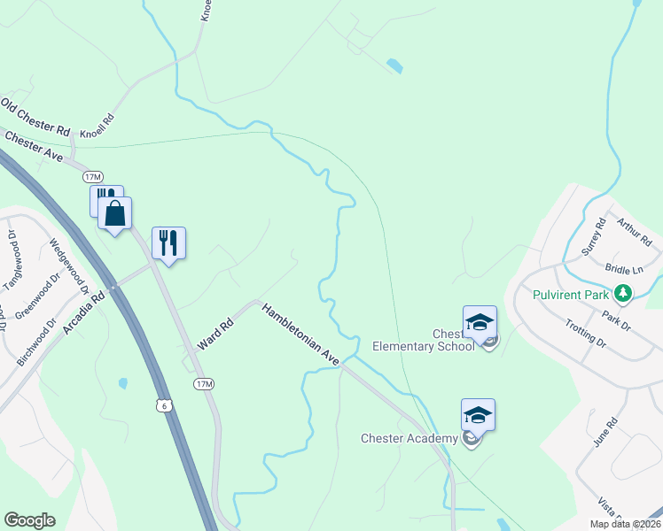 map of restaurants, bars, coffee shops, grocery stores, and more near 39 Ward Road in Chester
