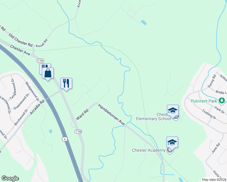 map of restaurants, bars, coffee shops, grocery stores, and more near 39 Ward Road in Chester