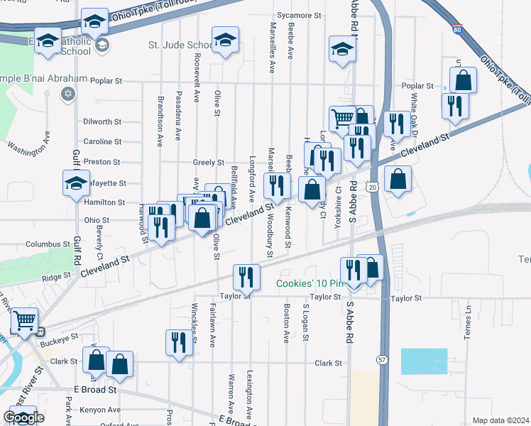 map of restaurants, bars, coffee shops, grocery stores, and more near 503 Cleveland Street in Elyria