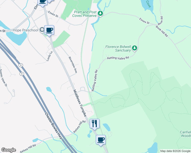 map of restaurants, bars, coffee shops, grocery stores, and more near 106 Rattling Valley Road in Deep River