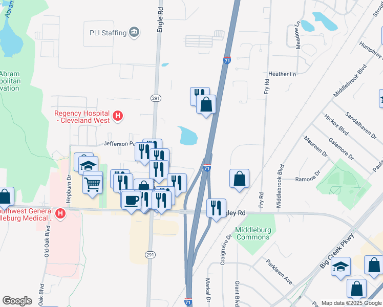 map of restaurants, bars, coffee shops, grocery stores, and more near 17550 Rosbough Boulevard in Cleveland