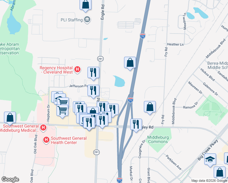 map of restaurants, bars, coffee shops, grocery stores, and more near 17550 Rosbough Boulevard in Cleveland