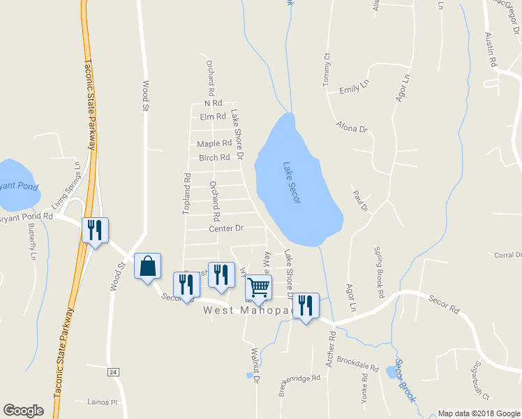 map of restaurants, bars, coffee shops, grocery stores, and more near 185 Lake Shore Drive in Mahopac