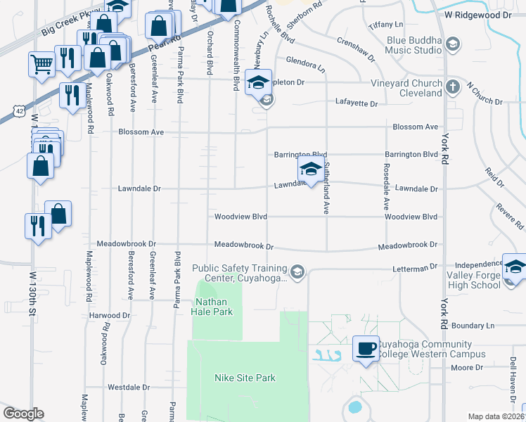 map of restaurants, bars, coffee shops, grocery stores, and more near 11814 Woodview Boulevard in Parma Heights