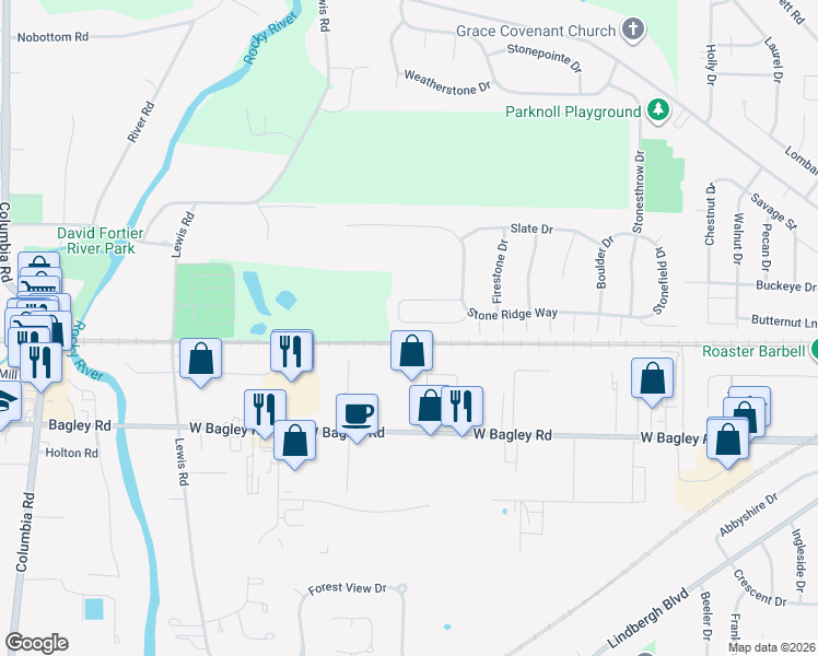 map of restaurants, bars, coffee shops, grocery stores, and more near 147 River Rock Way in Berea