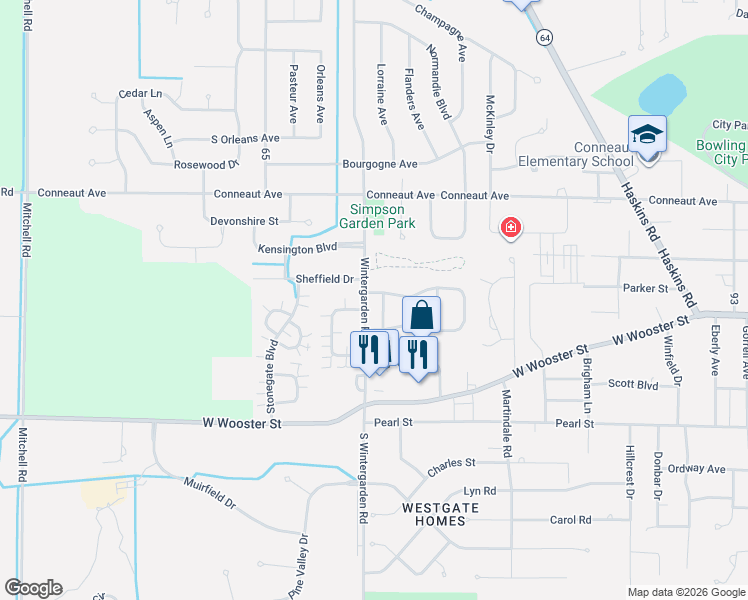 map of restaurants, bars, coffee shops, grocery stores, and more near 1311 Sheffield Drive in Bowling Green