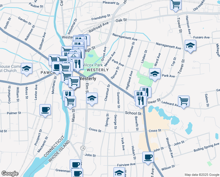 map of restaurants, bars, coffee shops, grocery stores, and more near 3 Chestnut Street in Westerly