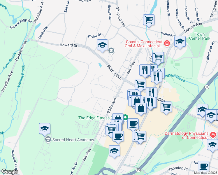 map of restaurants, bars, coffee shops, grocery stores, and more near 31-34 Towne House Road in Hamden