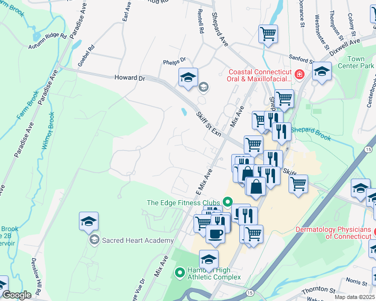 map of restaurants, bars, coffee shops, grocery stores, and more near 163 Towne House Road in Hamden