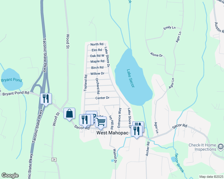 map of restaurants, bars, coffee shops, grocery stores, and more near 197 Lake Shore Drive in Mahopac