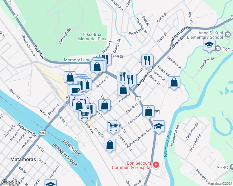 map of restaurants, bars, coffee shops, grocery stores, and more near 18 Elizabeth Street in Port Jervis