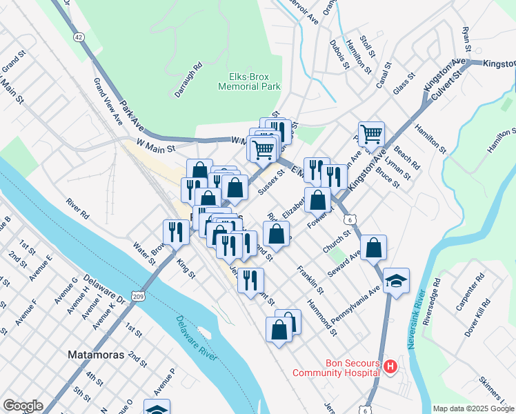 map of restaurants, bars, coffee shops, grocery stores, and more near 11 East Broome Street in Port Jervis