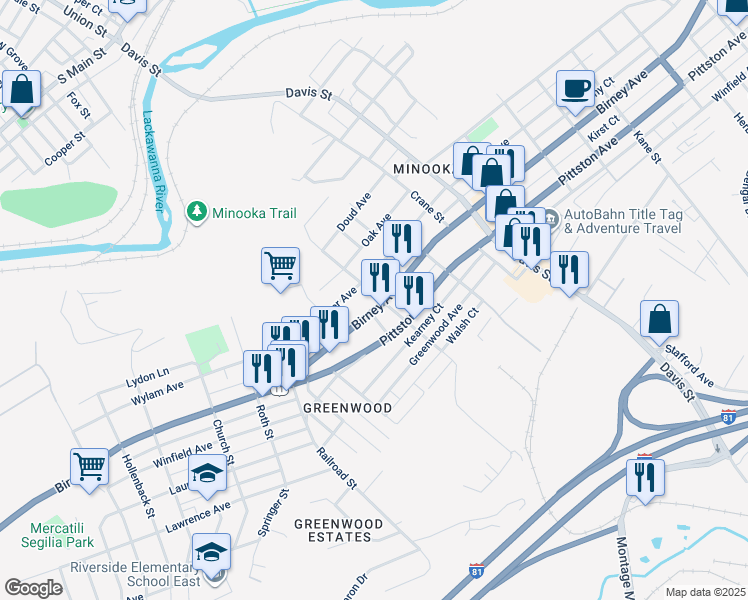 map of restaurants, bars, coffee shops, grocery stores, and more near 3276 Birney Avenue in Scranton