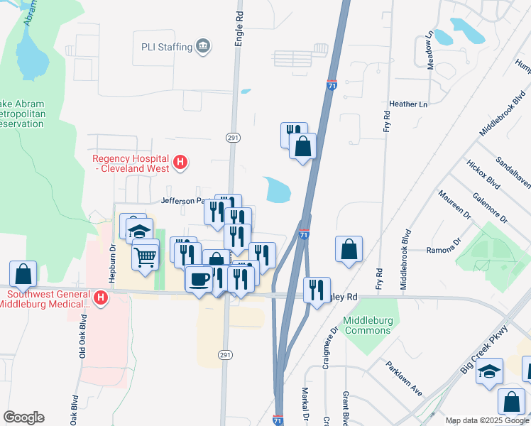 map of restaurants, bars, coffee shops, grocery stores, and more near 17550 Rosbough Boulevard in Cleveland