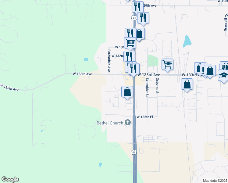 map of restaurants, bars, coffee shops, grocery stores, and more near 11398 West 133rd Lane in Cedar Lake