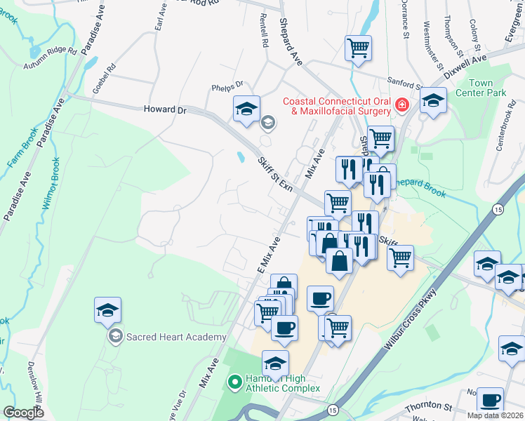 map of restaurants, bars, coffee shops, grocery stores, and more near 89 Towne House Road in Hamden