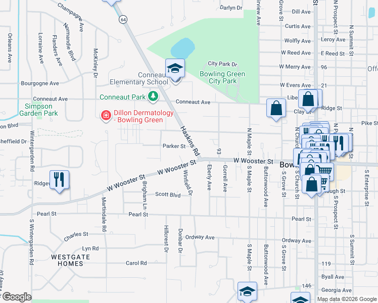 map of restaurants, bars, coffee shops, grocery stores, and more near 121 Haskins Road in Bowling Green