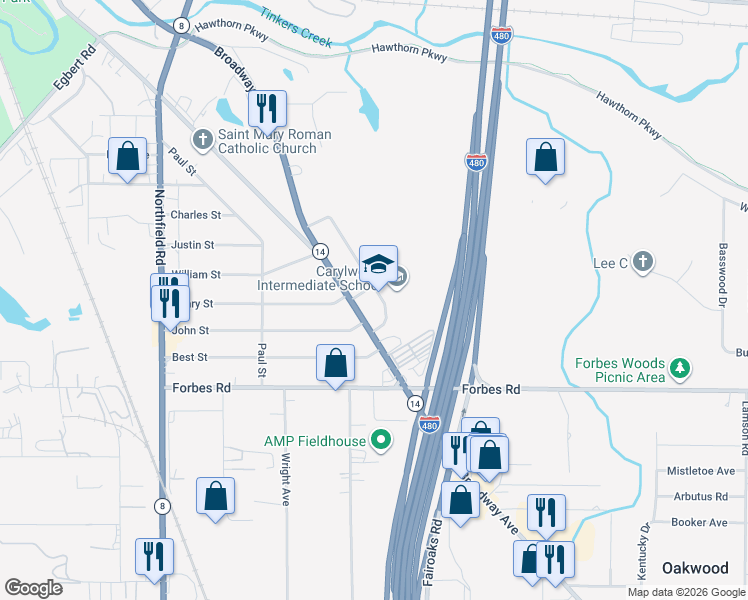 map of restaurants, bars, coffee shops, grocery stores, and more near 1372 Caryl Drive in Bedford