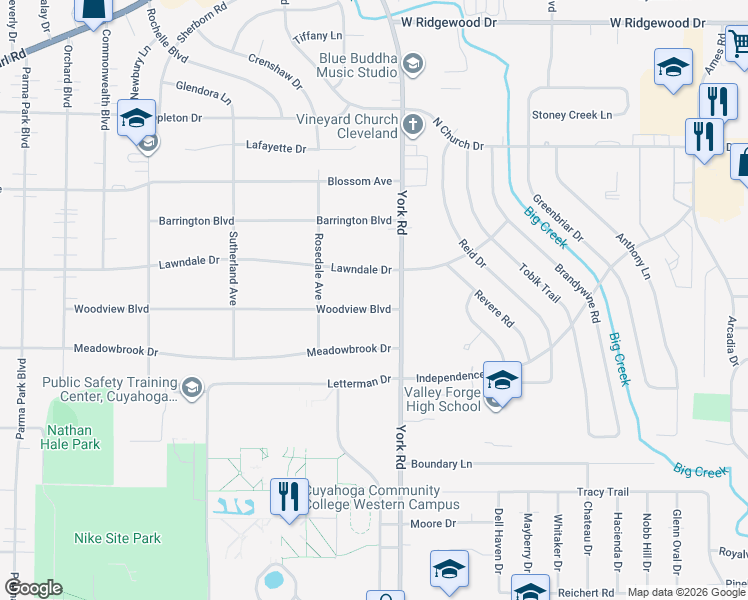 map of restaurants, bars, coffee shops, grocery stores, and more near 6908 York Road in Parma Heights