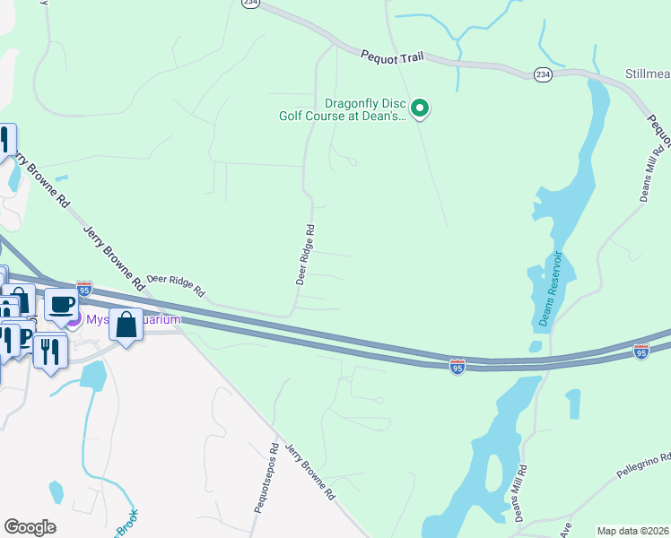 map of restaurants, bars, coffee shops, grocery stores, and more near 33 Deer Ridge Road in Stonington