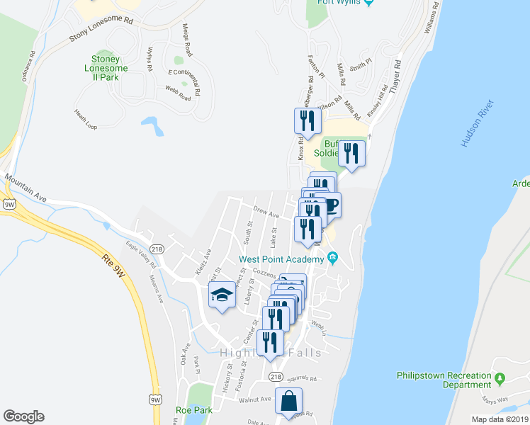 map of restaurants, bars, coffee shops, grocery stores, and more near 37 Fort Putnam Street in Highland Falls