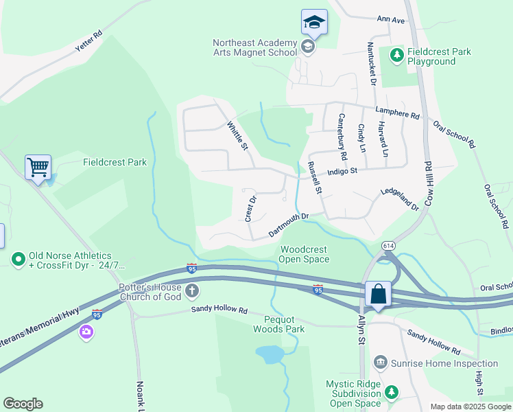 map of restaurants, bars, coffee shops, grocery stores, and more near 72 Crest Drive in Groton