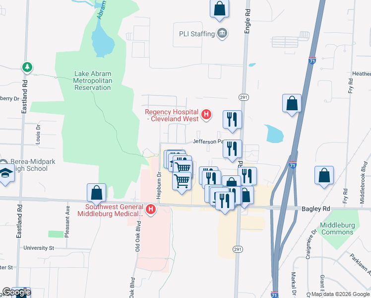 map of restaurants, bars, coffee shops, grocery stores, and more near 18253 Jefferson Park Road in Middleburg Heights