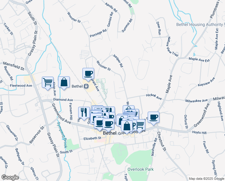 map of restaurants, bars, coffee shops, grocery stores, and more near 8 Cawley Avenue in Bethel